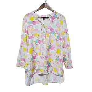 Alison Sherri Multi Color Polka-dot Tunic Top 3/4 Sleeve Shell Button Sz L Artsy